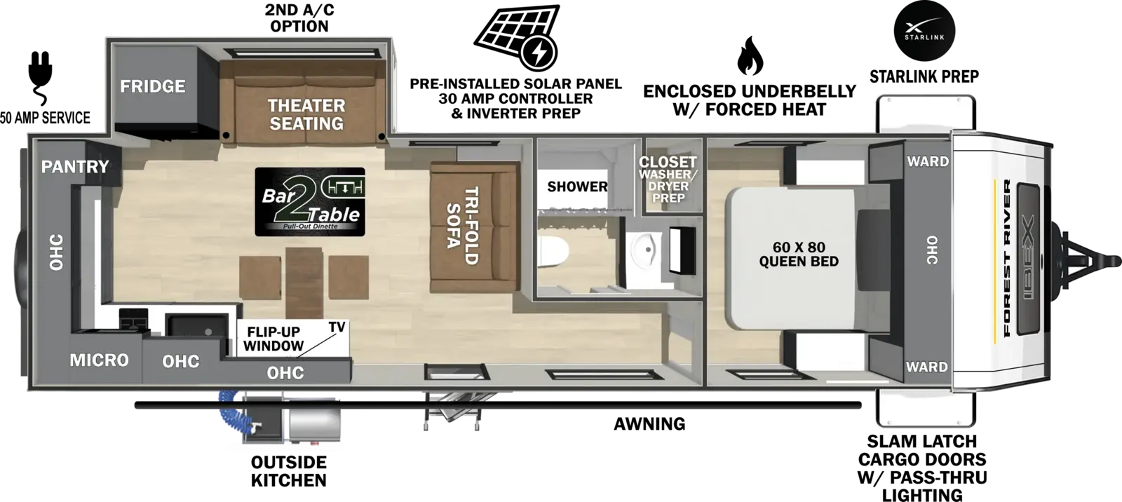 The Ibex 26BRE floorplan has one entry and one slide out. Exterior features include: fiberglass exterior, 20' awning and outside kitchen. Interiors features include: rear kitchen and front bedroom.
