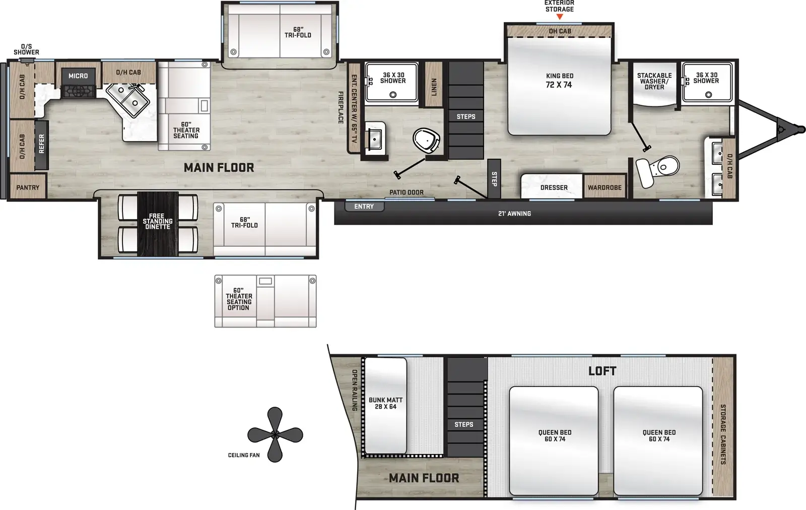 The Aurora Destination Series 44CONDO floorplan has one entry and three slide outs. Exterior features include: metal exterior and 21' awning. Interiors features include: loft, rear kitchen, free-standing dinette option and two full bathrooms.