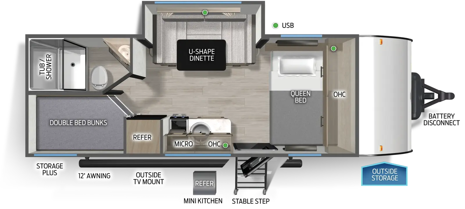 The Cascade 171DBFGC floorplan has one entry and one slide out. Exterior features include: fiberglass exterior, 12' awning and outside kitchen. Interiors features include: bunk beds, u-dinette and front bedroom.