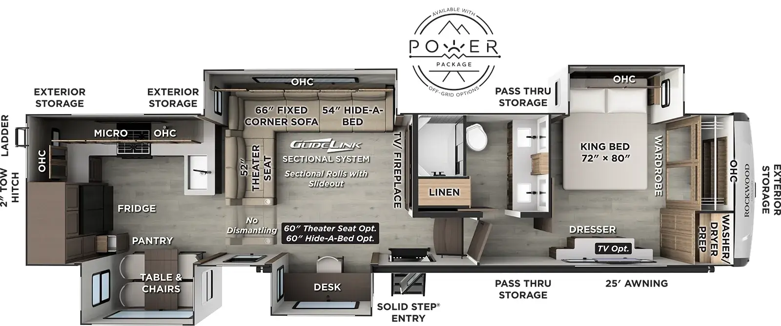 The Rockwood Signature Fifth Wheels 404SRK floorplan has one entry and four slide outs. Exterior features include: fiberglass exterior and 25' awning. Interiors features include: rear kitchen, free-standing dinette option and front bedroom.