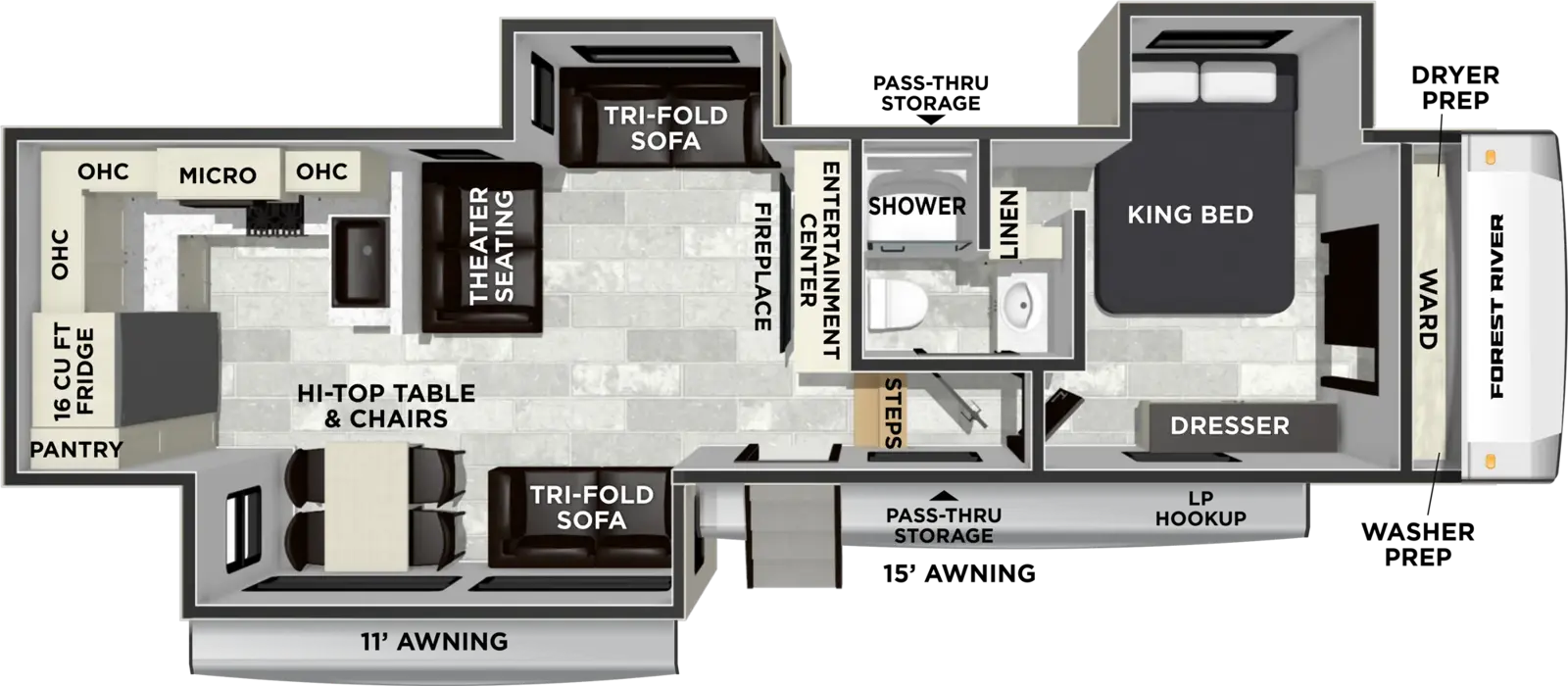 The Wildcat Fifth Wheels 33CHEF floorplan has one entry and three slide outs. Exterior features include: fiberglass exterior and 15' & 11' awning. Interiors features include: rear kitchen and front bedroom.