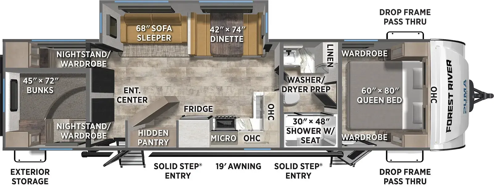 The Puma Tracks 3150TBSS floorplan has two entries and one slide out. Exterior features include: fiberglass exterior and 19' awning. Interiors features include: bunk beds, front bedroom and pass through bathroom.