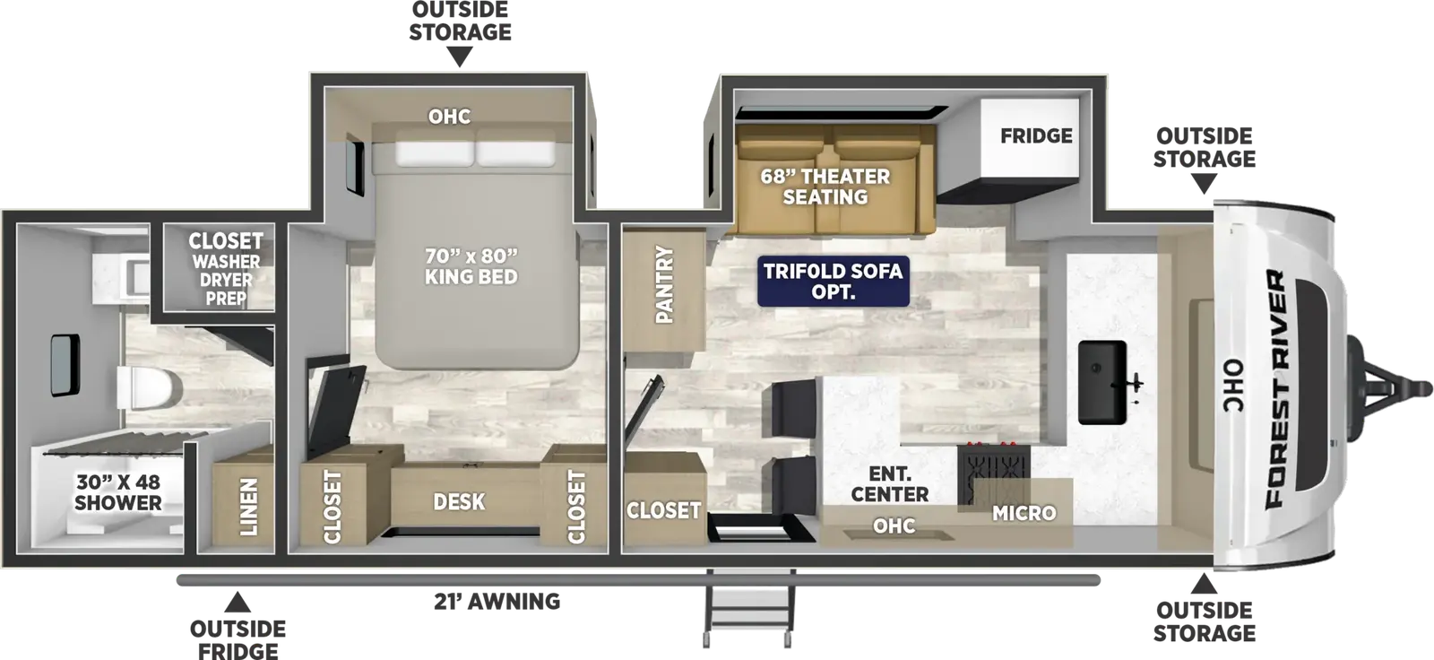 The Solaire 2560FKRB floorplan has one entry and two slide outs. Exterior features include: fiberglass exterior and 21' awning. Interiors features include: front kitchen and rear bathroom.