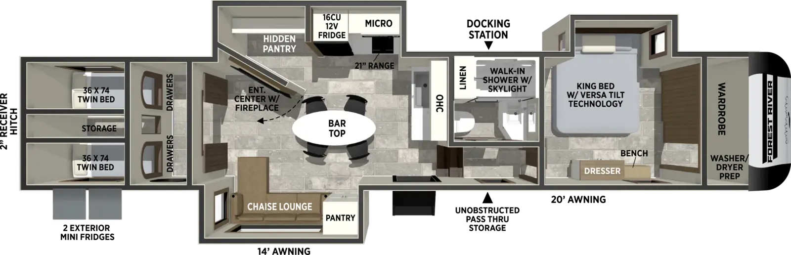 The Impression 36BR3 floorplan has one entry and three slide outs. Exterior features include: fiberglass exterior, 14' & 20' awning and outside kitchen. Interiors features include: kitchen island, front bedroom, rear bedroom and two bedrooms.