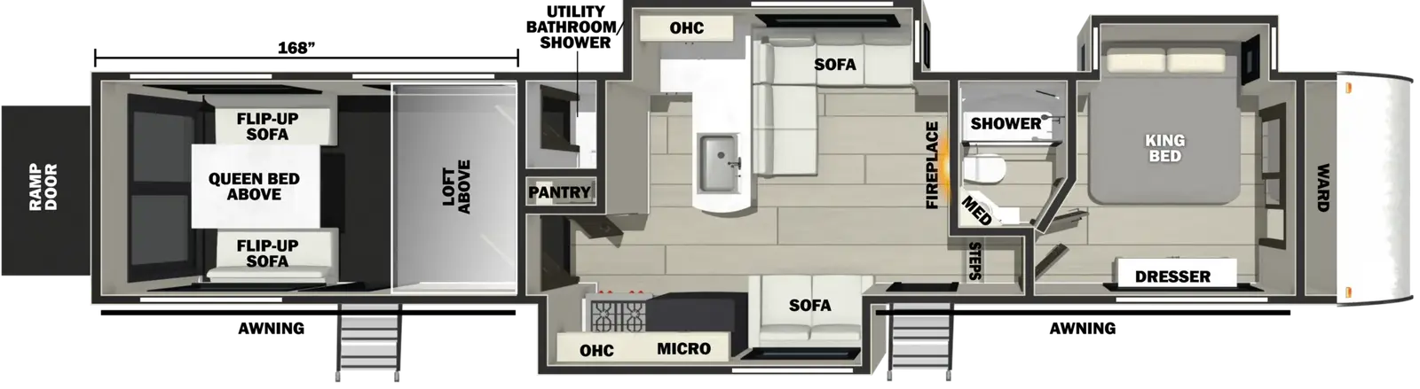 The 391T145 has three slideouts, two entries, and one rear ramp door. Exterior features two 13 foot awnings. Interior layout front to back: front wardrobe, off-door side king bed slideout, door side dresser with TV hookup, and off-door side full bathroom; steps down to main living area and entry; off-door side slideout with l-shape sofa, and kitchen counter with overhead cabinet, and peninsula with sink; door side slideout with sofa, refrigerator, kitchen counter with cooktop, and microwave; pantry along inner wall of half bathroom; rear garage with off-door side half bathroom, loft above, second entry, and rear opposing flip-up sofas with free-standing table and raised queen bed above. Garage dimensions: 14 foot 6 inches from rear to main living area wall.