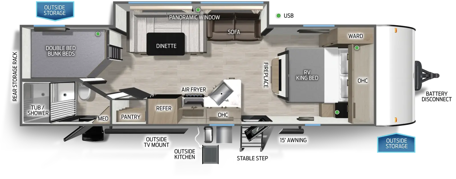 The Cascade 260BHC floorplan has two entries and one slide out. Exterior features include: metal exterior, 15' awning and outside kitchen. Interiors features include: bunk beds, u-dinette and front bedroom.