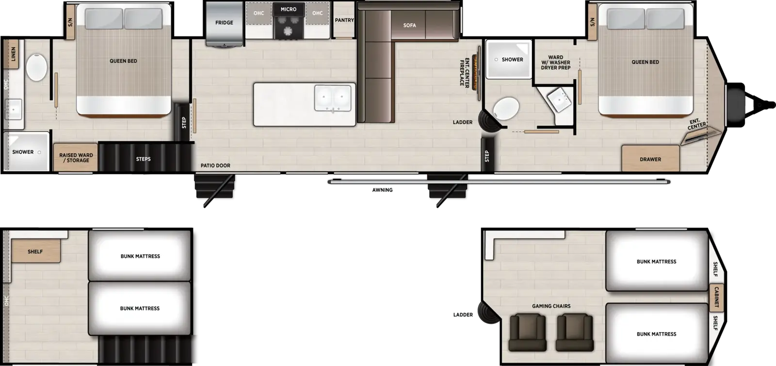 The Wildwood Lodge 40ZZZ floorplan has two entries and three slide outs. Exterior features include: metal exterior and 19' awning. Interiors features include: loft, front bedroom, two bedrooms, rear bathroom and two full bathrooms.