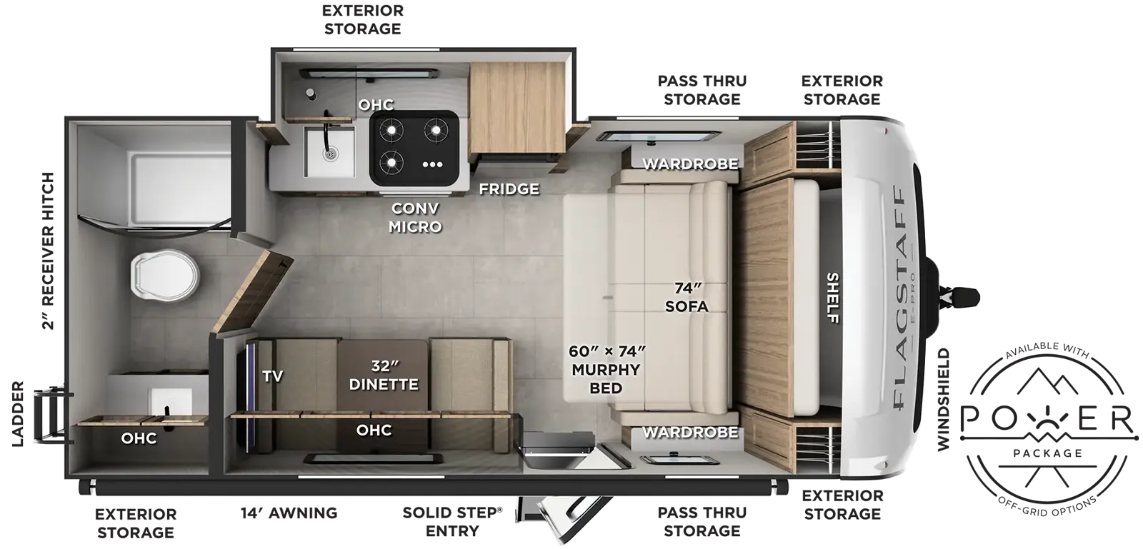 The Flagstaff E-Pro E191SFD floorplan has one entry and one slide out. Exterior features include: fiberglass exterior and 14' awning. Interiors features include: murphy bed and rear bathroom.