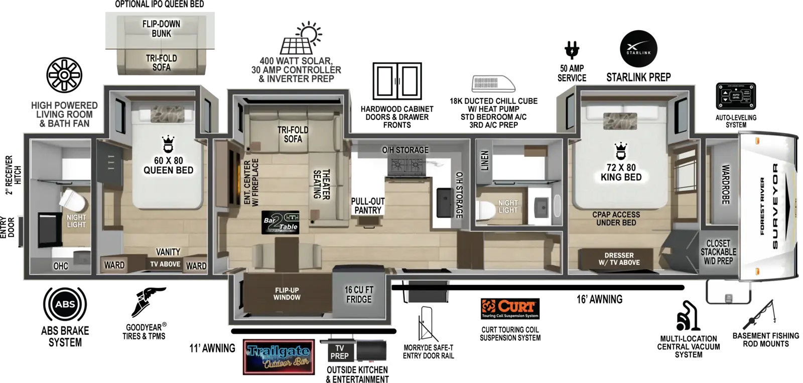 The Surveyor Fifth Wheels 38DB floorplan has two entries and four slide outs. Exterior features include: fiberglass exterior, 11' & 16' awning,  outside entertainment and outside kitchen. Interiors features include: front bedroom, two bedrooms, rear bathroom and two full bathrooms.