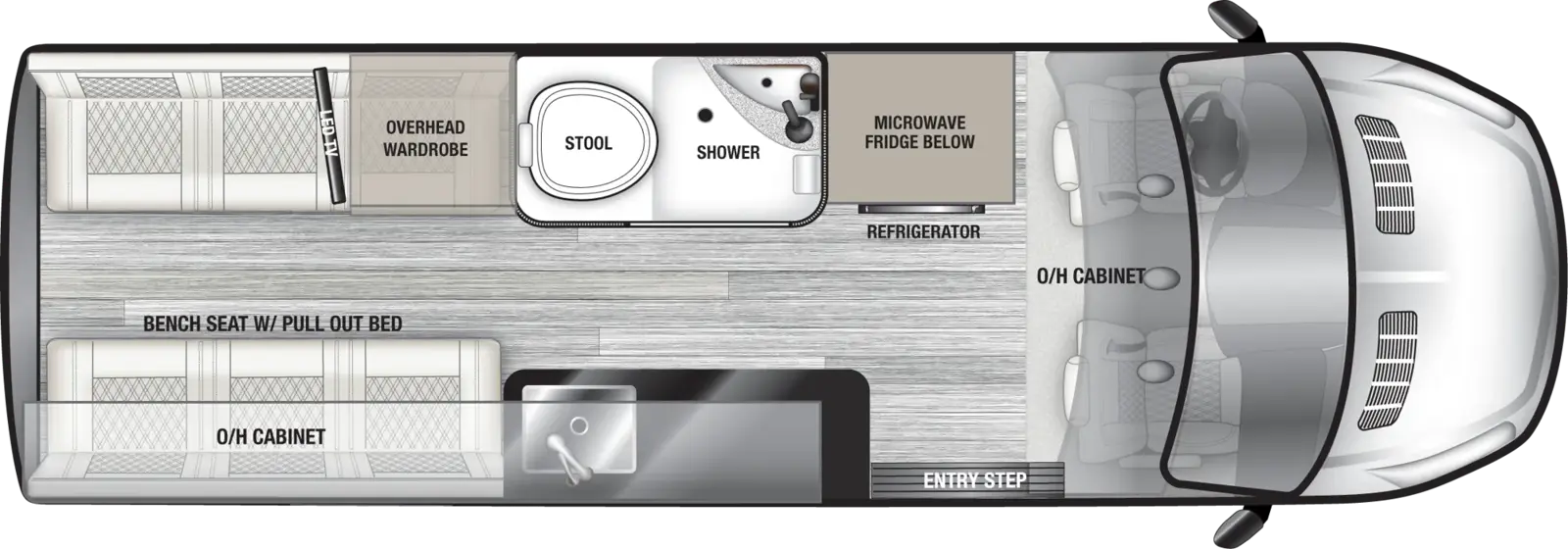 The VTOUR Ford 2TBFTA floorplan has one entry and zero slide outs. Exterior features include: 8' 2" awning. 