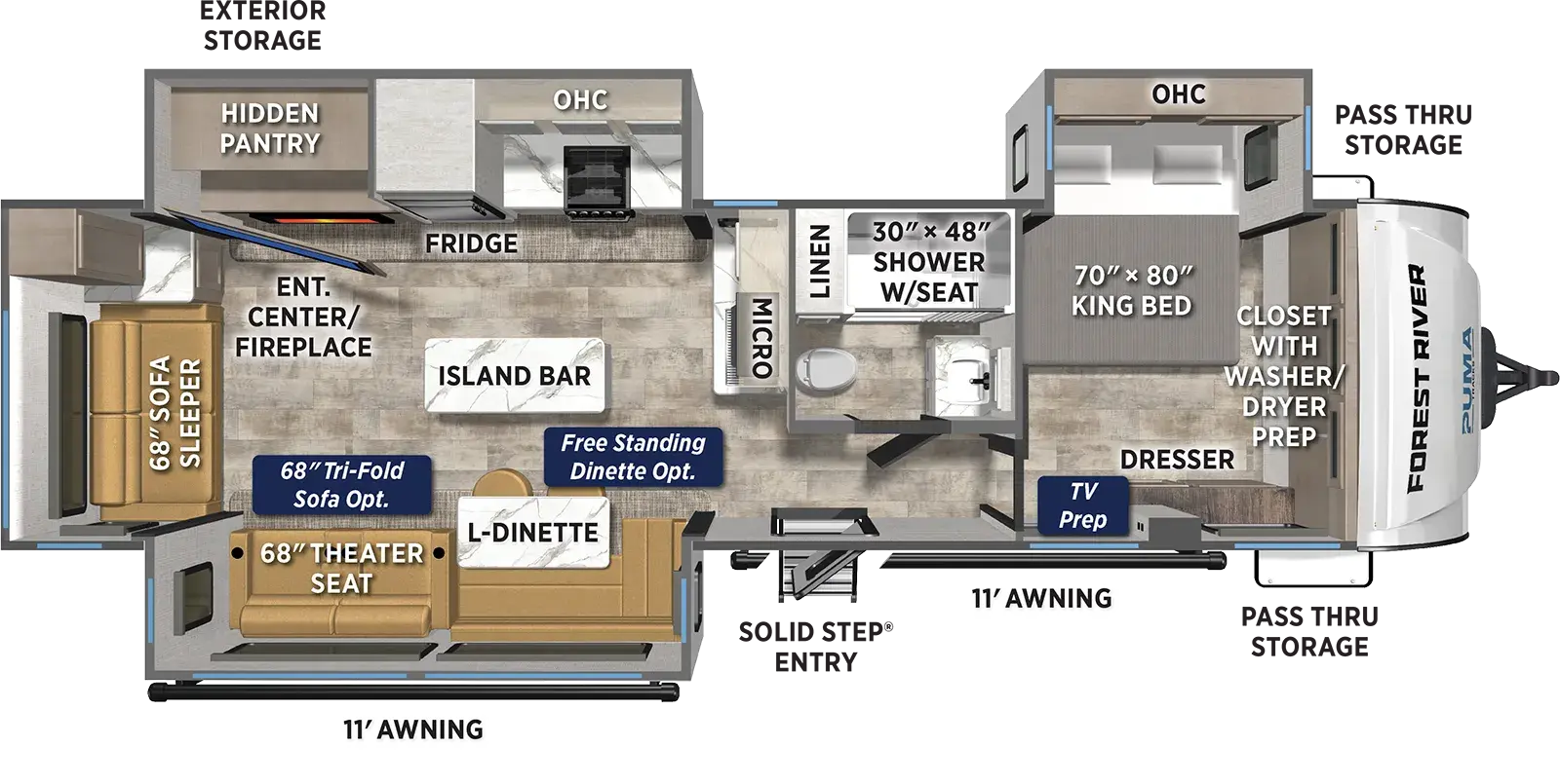 The Puma Tracks 3380RLBT floorplan has one entry and three slide outs. Exterior features include: fiberglass exterior and 11' & 11' awning. Interiors features include: kitchen island, front bedroom and rear living.