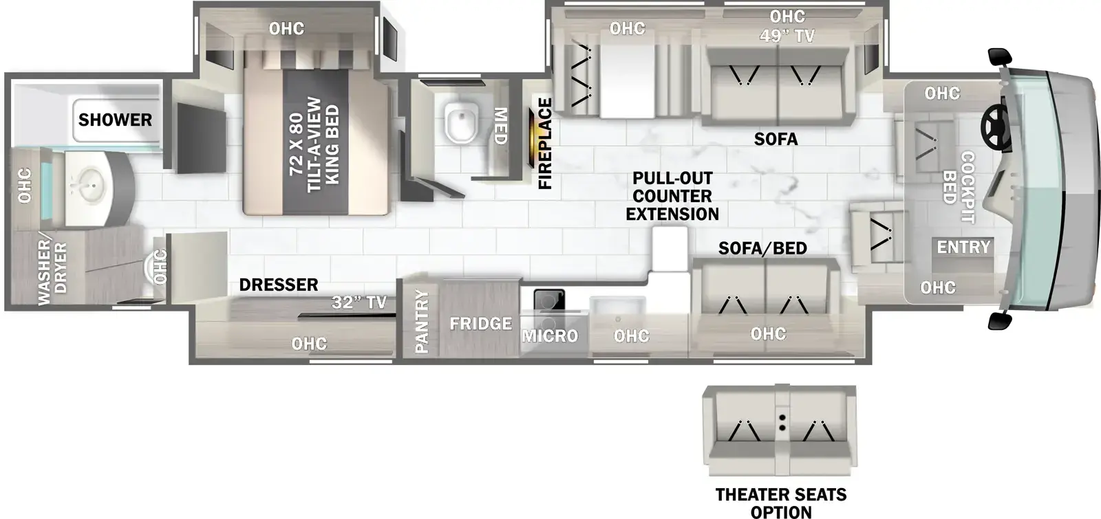 The Berkshire 39A floorplan has one entry and three slide outs. Exterior features include: 18' & 56" Door Awning awning. Interiors features include: bathroom and a half and bunk over cab.