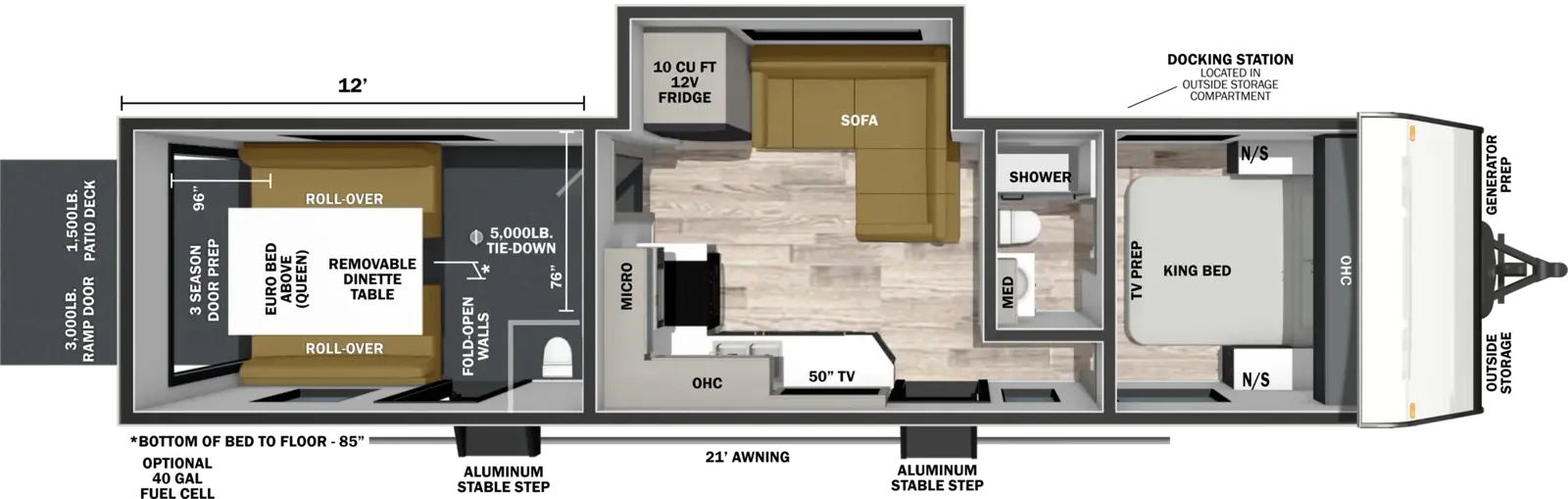 The XLR Boost 3012BX floorplan is a toy hauler that has two entries and one slide out. Exterior features include: fiberglass exterior and 21' awning. Interiors features include: front bedroom and bathroom and a half.