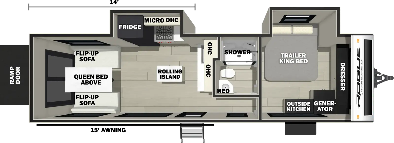 The Vengeance Rogue Armored Travel Trailers 26L140 floorplan is a toy hauler that has one entry and two slide outs. Exterior features include: fiberglass exterior, 18' awning and outside kitchen. Interiors features include: front bedroom.