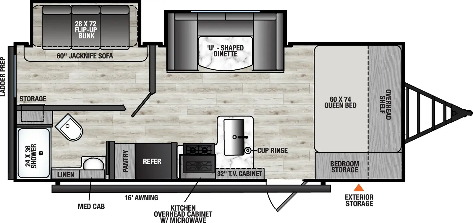 The Viking Travel Trailers 22BHSR floorplan has one entry and two slide outs. Exterior features include: metal exterior and 16' awning. Interiors features include: bunk beds, u-dinette and front bedroom.