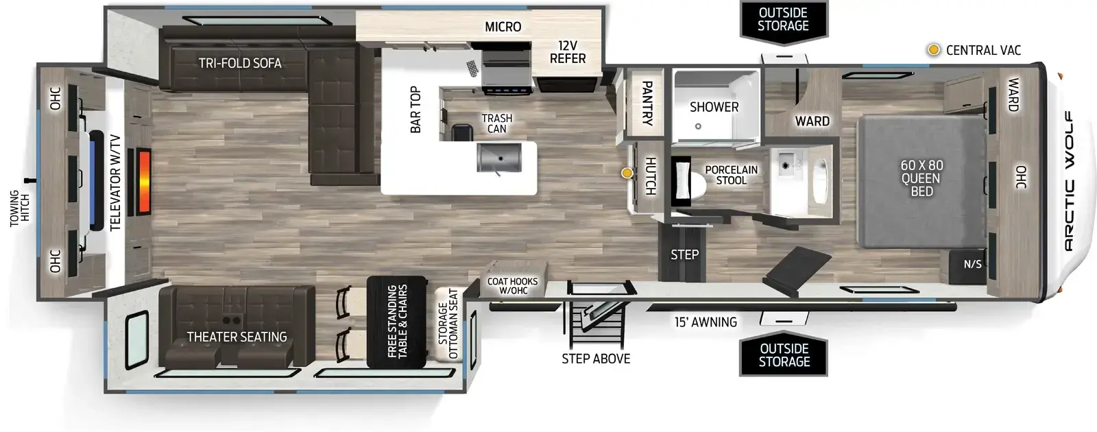 The Arctic Wolf 289PANO floorplan has one entry and two slide outs. Exterior features include: fiberglass exterior and 15' awning. Interiors features include: free-standing dinette option, front bedroom and rear living.
