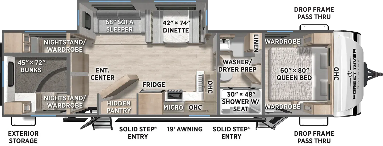 The SolAire Ultra Lite 3150TBSS floorplan has two entries and one slide out. Exterior features include: fiberglass exterior and 19' awning. Interiors features include: bunk beds, front bedroom and pass through bathroom.