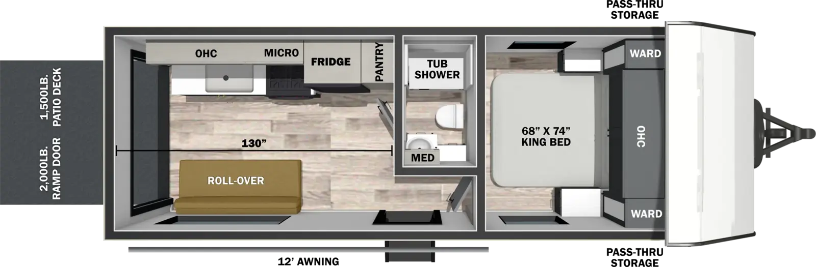 The XLR Boost 17BST floorplan is a toy hauler that has one entry and zero slide outs. Exterior features include: metal exterior and 12' awning. Interiors features include: front bedroom.