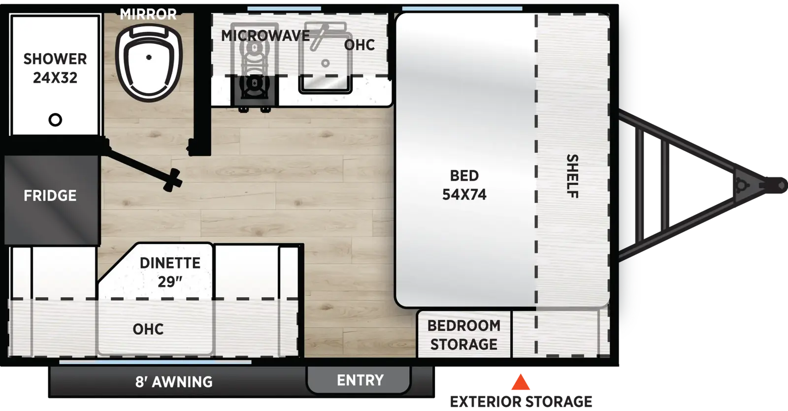 The Viking Travel Trailers 12RD floorplan has one entry and zero slide outs. Exterior features include: metal exterior and 8' awning. Interiors features include: front bedroom.