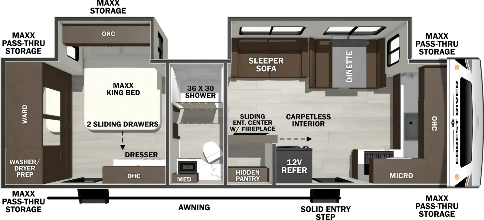 The Wildcat Travel Trailers 277FKX floorplan has two entries and two slide outs. Exterior features include: fiberglass exterior and 20' awning. Interiors features include: front kitchen, rear bedroom and pass through bathroom.