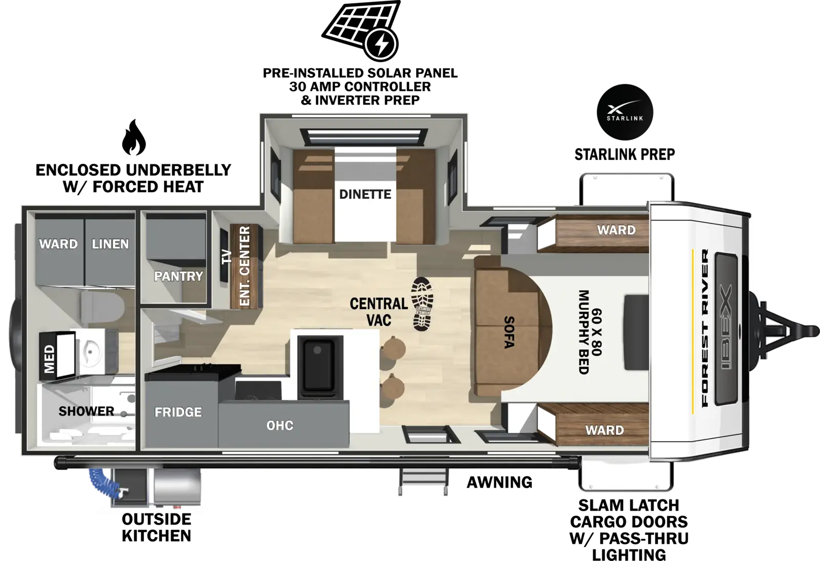 The Ibex 20MDS floorplan has one entry and one slide out. Exterior features include: fiberglass exterior, 16' awning and outside kitchen. Interiors features include: murphy bed and rear bathroom.