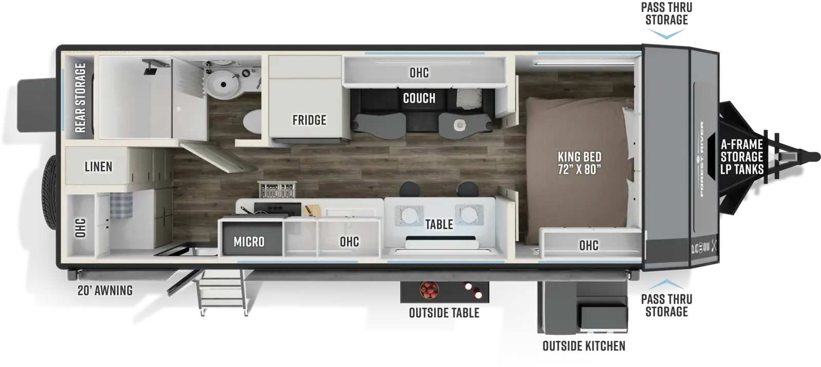The Pause 24.4 floorplan has one entry and zero slide outs. Exterior features include: fiberglass exterior, 17' awning and outside kitchen. Interiors features include: front bedroom.
