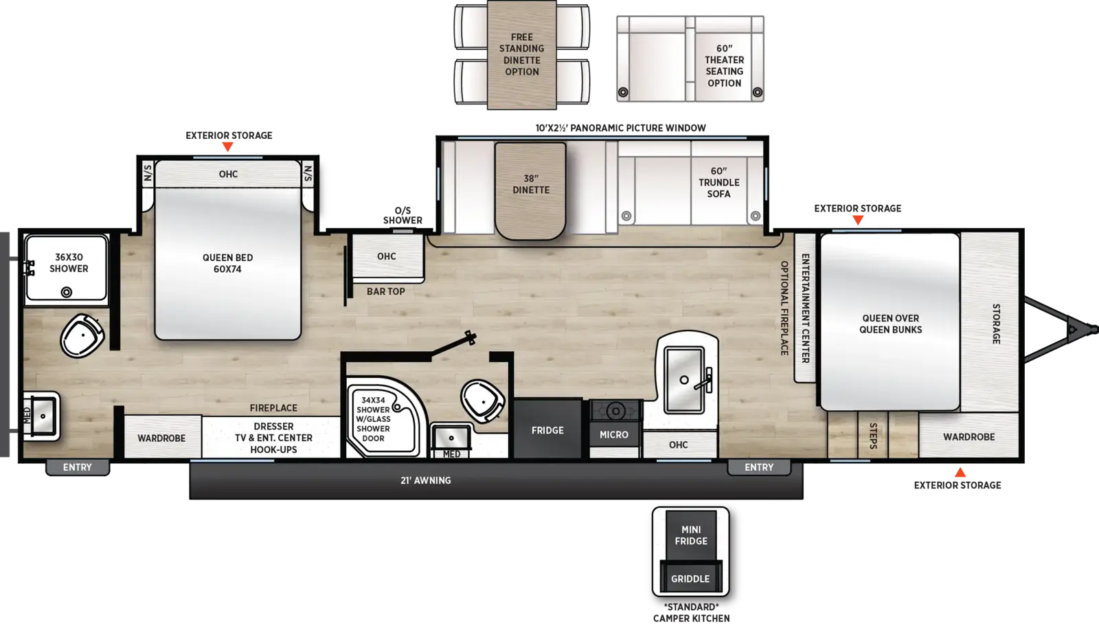 The Aurora 33DBDS floorplan has two entries and two slide outs. Exterior features include: metal exterior, 21' awning and outside kitchen. Interiors features include: free-standing dinette option, front bedroom and rear bathroom.