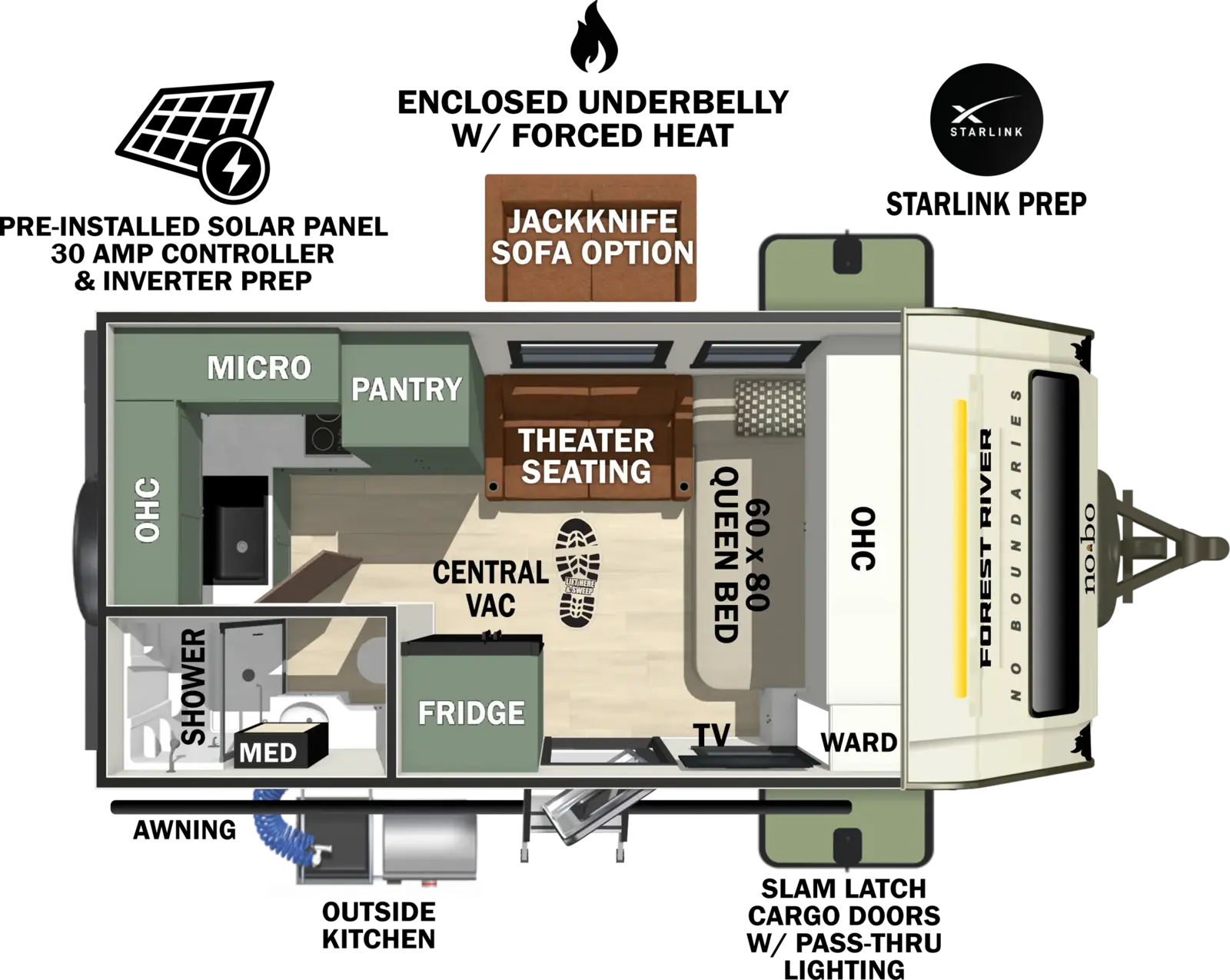 The No Boundaries NB18.0 floorplan has one entry and zero slide outs. Exterior features include: fiberglass exterior, 12' awning and outside kitchen. Interiors features include: front bedroom.