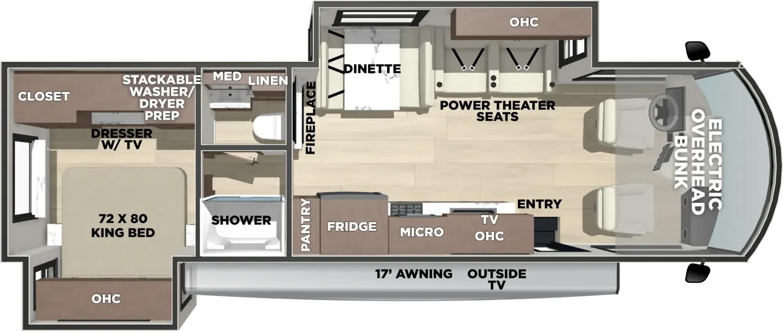 The Georgetown 7 Series GT7 31X7 floorplan has one entry and two slide outs. Exterior features include: 17' awning and outside entertainment. Interiors features include: rear bedroom, pass through bathroom, bunk over cab and dinette.