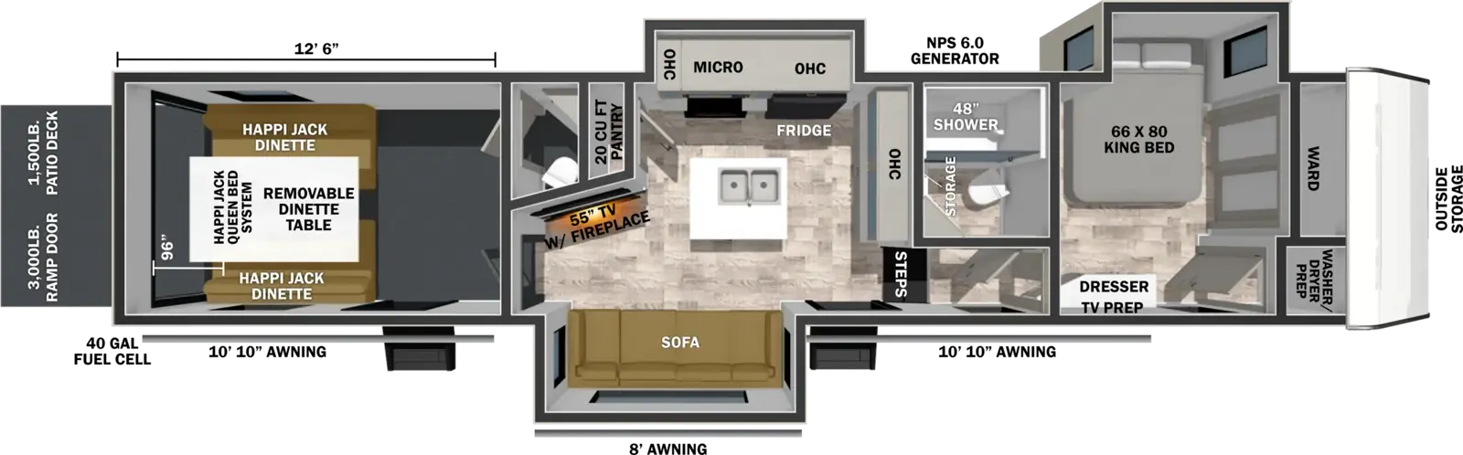 The XLR Nitro 35G13 floorplan is a toy hauler that has two entries and three slide outs. Exterior features include: fiberglass exterior and 10'10" & 10'10" awning. Interiors features include: kitchen island, front bedroom and bathroom and a half.