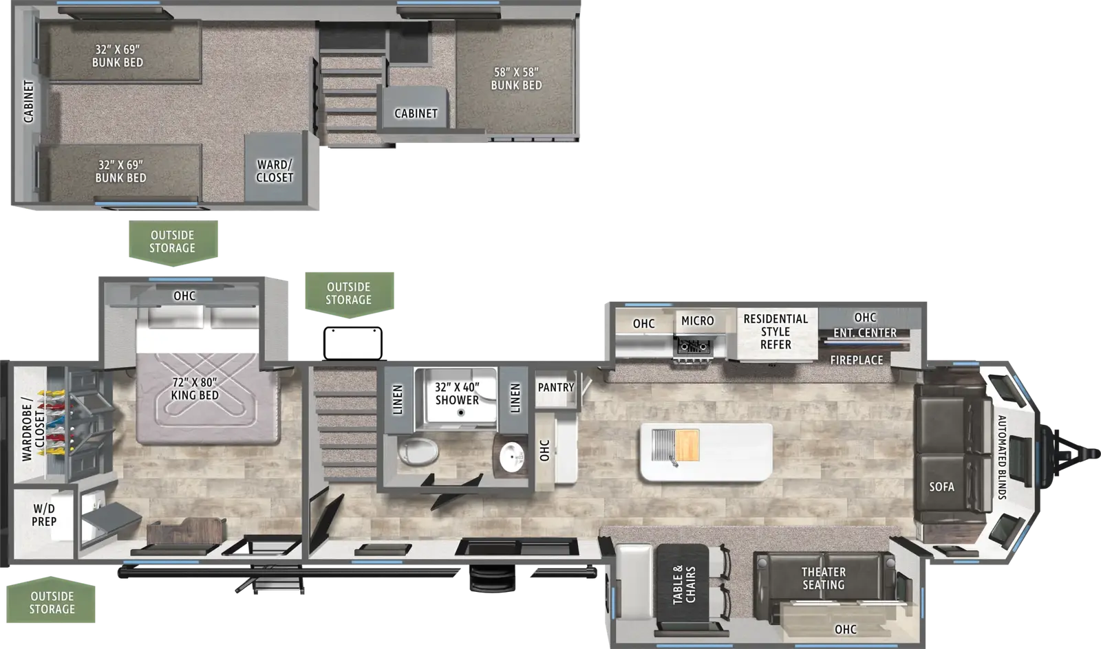 The Puma Destination 402LFT floorplan has two entries and three slide outs. Exterior features include: metal exterior and 21' awning. Interiors features include: loft, kitchen island, free-standing dinette option, rear bedroom and front living.