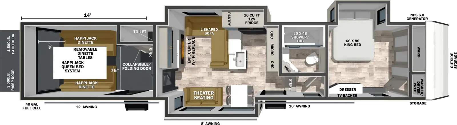 The XLR Nitro 41G14 floorplan is a toy hauler that has two entries and three slide outs. Exterior features include: fiberglass exterior, 12' and 8' & 10' awning. Interiors features include: kitchen island, front bedroom and bathroom and a half.