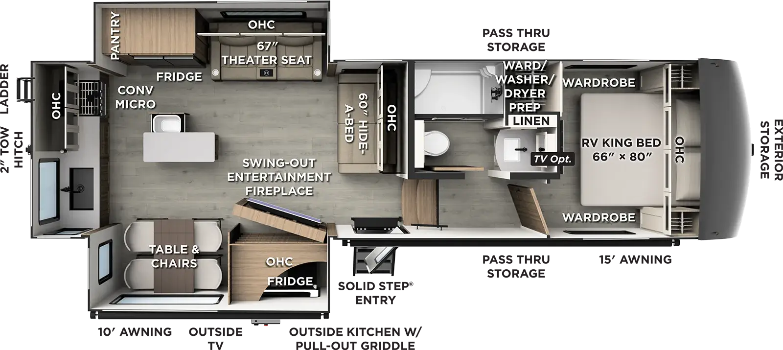 The Flagstaff Classic Fifth Wheels 329CRK floorplan has one entry and two slide outs. Exterior features include: fiberglass exterior and 10' & 15' awning. Interiors features include: rear kitchen, kitchen island, free-standing dinette option and front bedroom.