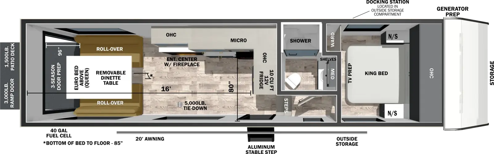 The XLR Boost 286B floorplan is a toy hauler that has one entry and zero slide outs. Exterior features include: fiberglass exterior, 20' awning and  outside entertainment. Interiors features include: front bedroom.