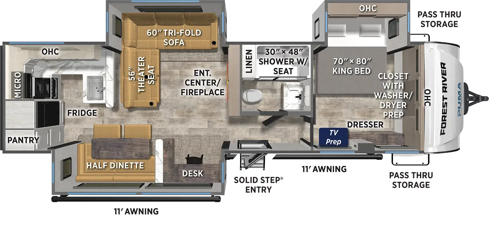 The Puma Tracks 3070RKLS floorplan has one entry and three slide outs. Exterior features include: fiberglass exterior and 11' & 11' awning. Interiors features include: rear kitchen and front bedroom.