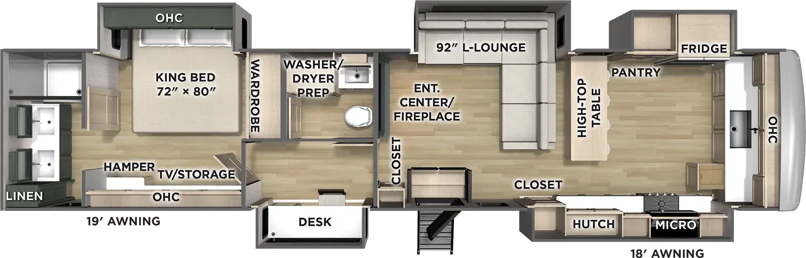 The River Ranch 395FKL floorplan has one entry and five slide outs. Exterior features include: fiberglass exterior and 19' & 18' awning. Interiors features include: front kitchen, rear bathroom and bathroom and a half.