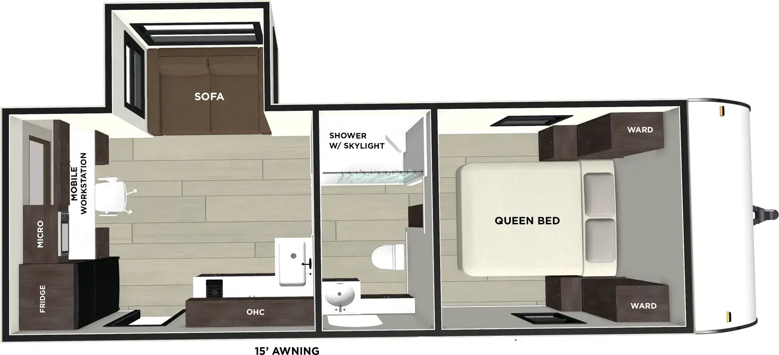 The Salem FSX 163RDSK floorplan has one entry and one slide out. Exterior features include: fiberglass exterior and 15' awning. Interiors features include: front bedroom and pass through bathroom.