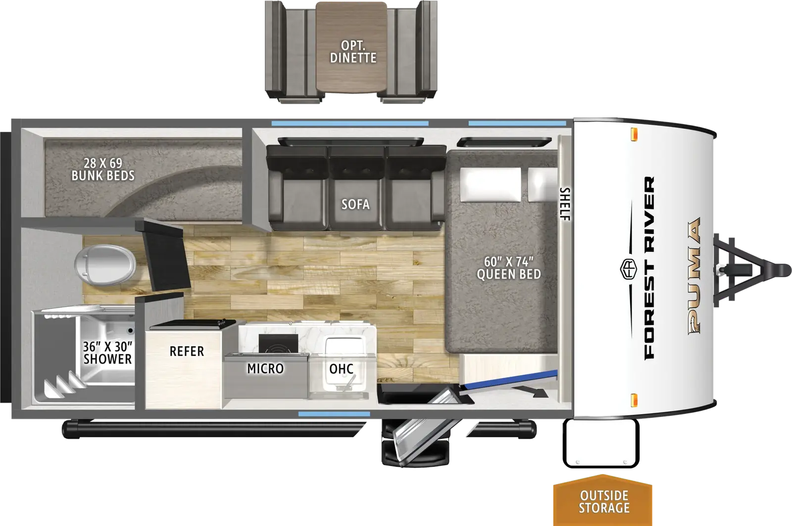 The Puma Camping Edition 17BUNK floorplan has one entry and zero slide outs. Exterior features include: metal exterior. Interiors features include: bunk beds and front bedroom.
