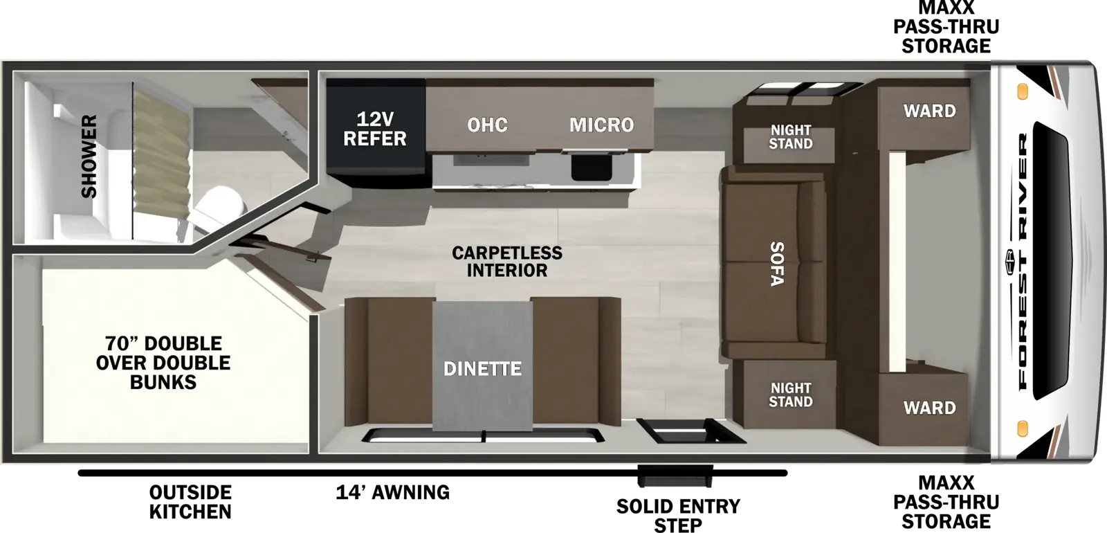 The Wildcat Travel Trailers 170DBEDS floorplan has one entry and zero slide outs. Exterior features include: fiberglass exterior, 14' awning and outside kitchen. Interiors features include: bunk beds and murphy bed.