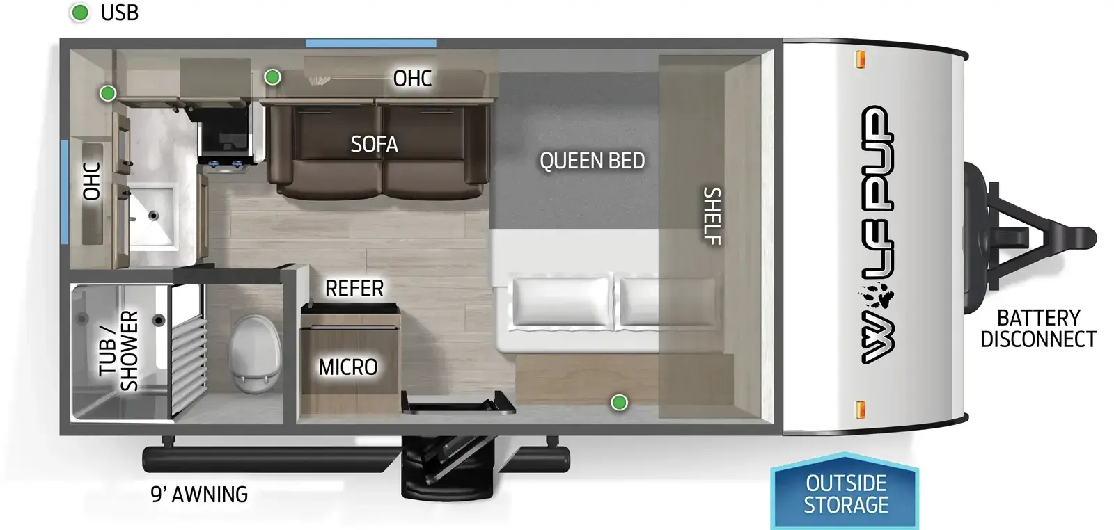 The Wolf Pup 14RKLP floorplan has one entry and zero slide outs. Exterior features include: metal exterior and 9' awning. Interiors features include: front bedroom.