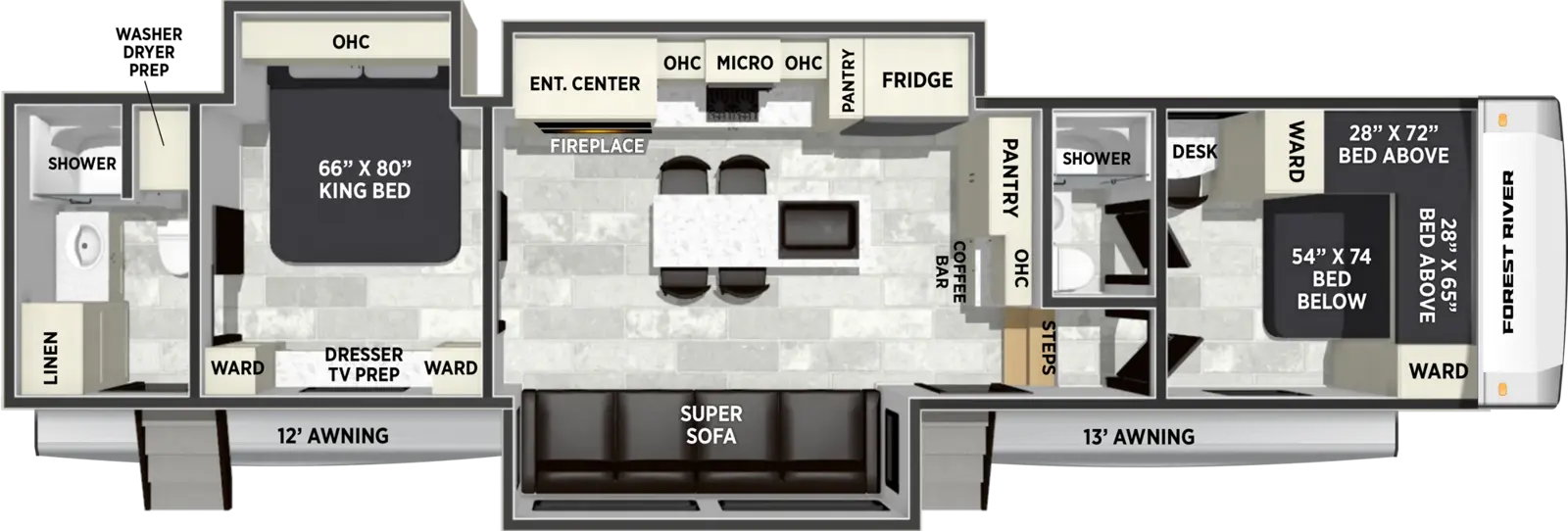 The Wildcat Fifth Wheels 36FUN floorplan has two entries and three slide outs. Exterior features include: fiberglass exterior and 12' & 13' awning. Interiors features include: bunk beds, kitchen island, rear bathroom and two full bathrooms.