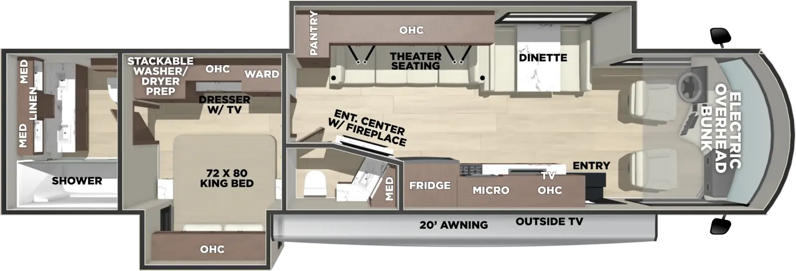 The Georgetown 7 Series GT7 36D7 floorplan has one entry and two slide outs. Exterior features include: 20' awning and outside entertainment. Interiors features include: rear bathroom, bathroom and a half, bunk over cab and dinette.
