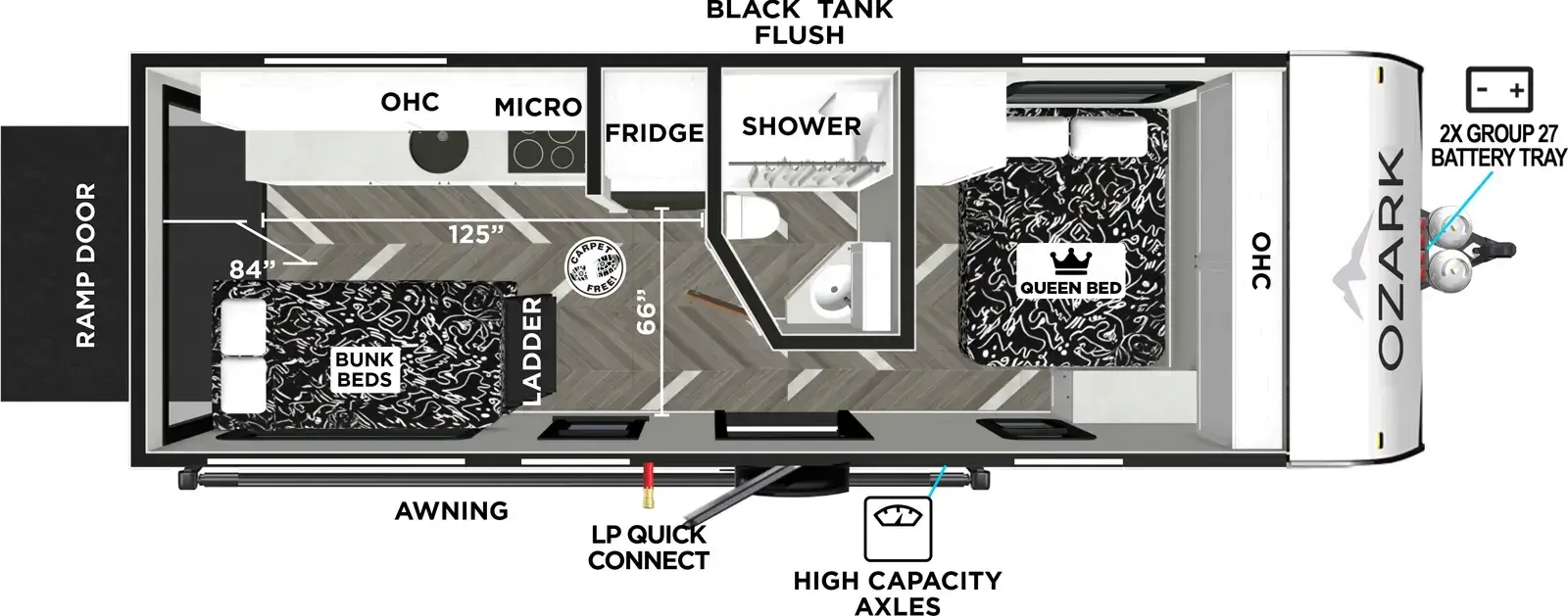 The Ozark 1900THK floorplan is a toy hauler that has one entry and zero slide outs. Exterior features include: metal exterior and 14' awning. Interiors features include: bunk beds and front bedroom.