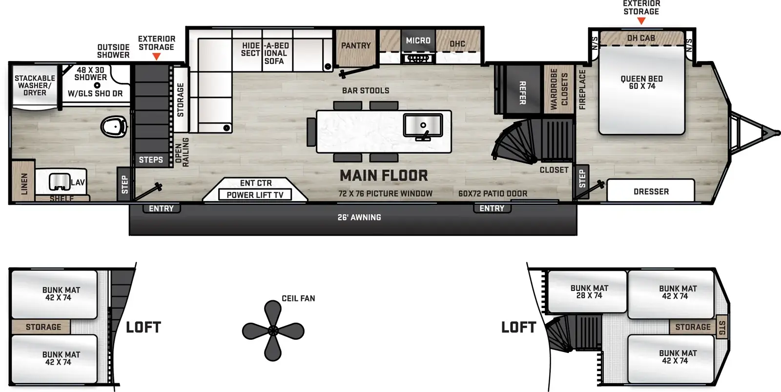 The Aurora 42CONDO floorplan has two entries and two slide outs. Exterior features include: metal exterior and 26' awning. Interiors features include: loft, kitchen island, front bedroom and rear bathroom.