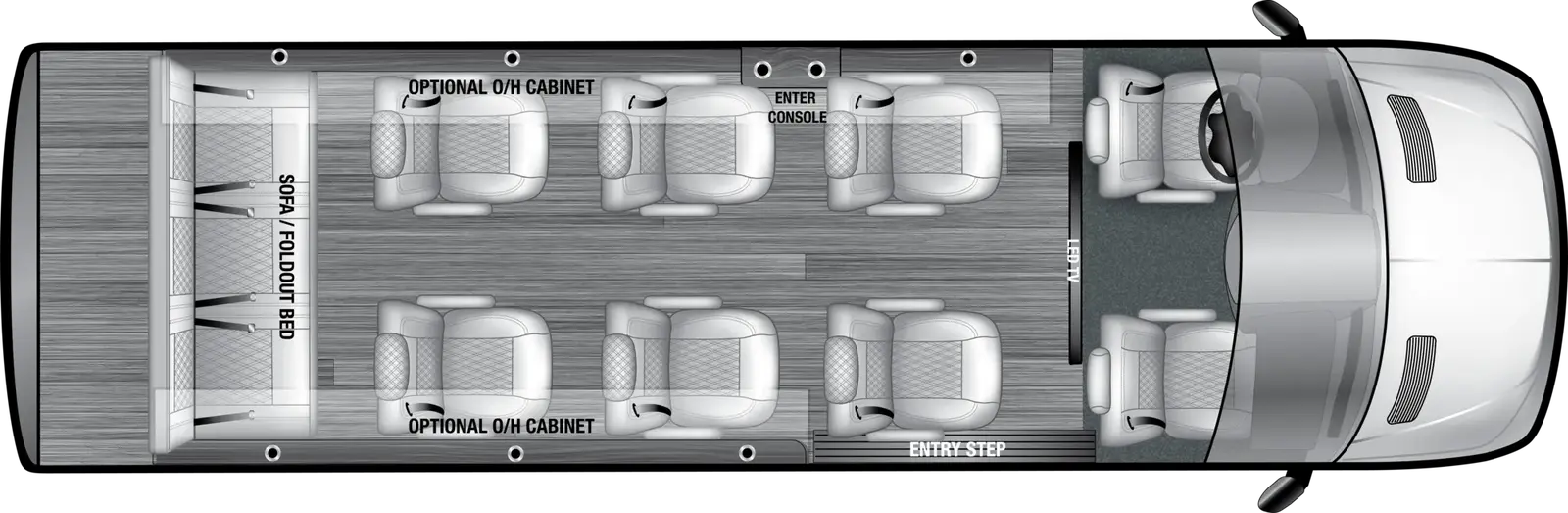 The V-Sport 11RB7 floorplan has one entry and zero slide outs. Interiors features include: Driver & Co-pilot, No Partition, 6 Captains Chairs with Rear Bench (11 Passenger)