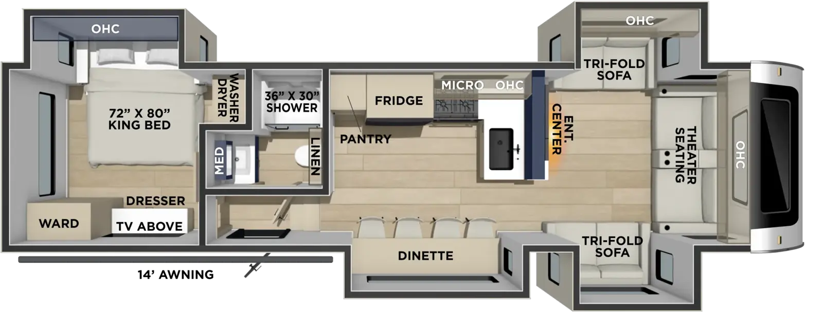 The Puma Mirage 363FL floorplan has one entry and four slide outs. Exterior features include: fiberglass exterior and 14' awning. Interiors features include: rear bedroom and front living.