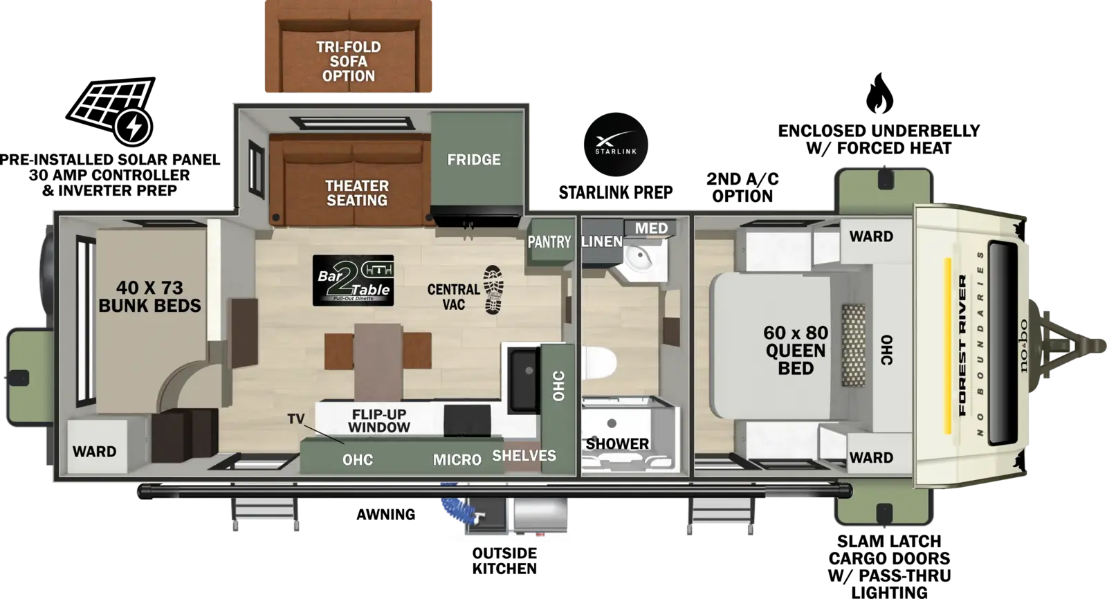 The No Boundaries NB20.0 floorplan has two entries and one slide out. Exterior features include: fiberglass exterior and outside kitchen. Interiors features include: bunk beds, front bedroom and pass through bathroom.