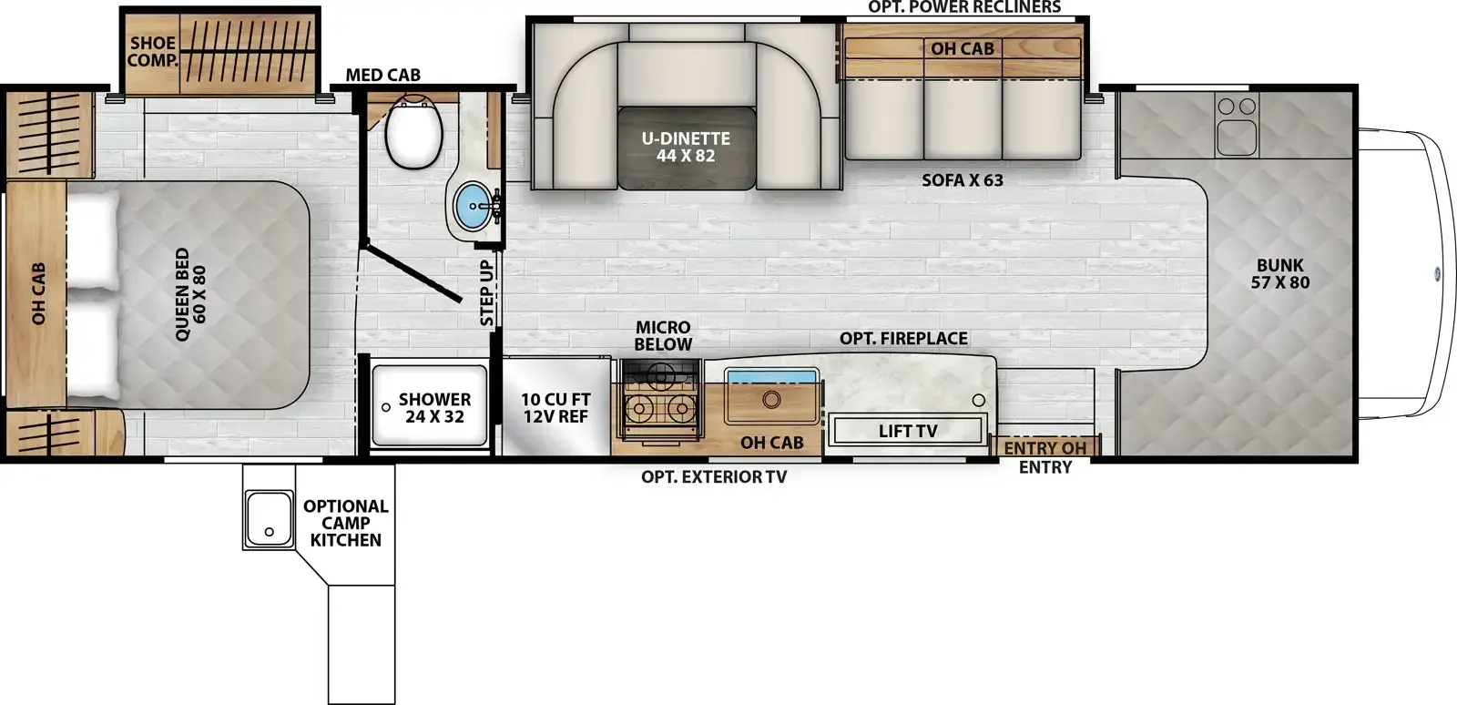The Freelander 31MB floorplan has one entry and two slide outs. Exterior features include: 21' awning and outside kitchen. Interiors features include: rear bedroom, bunk over cab and u-dinette.
