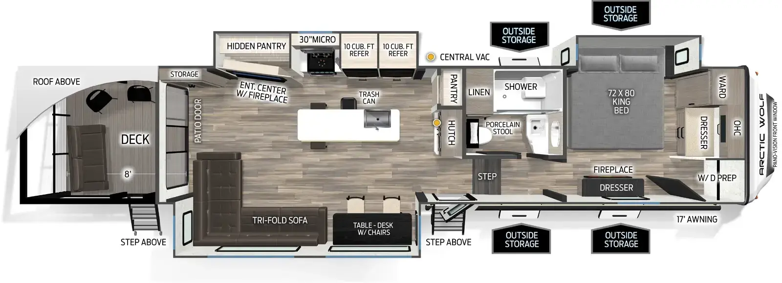 The Arctic Wolf 3800DECK floorplan has two entries and three slide outs. Exterior features include: fiberglass exterior and 17' awning. Interiors features include: kitchen island, free-standing dinette option and front bedroom.