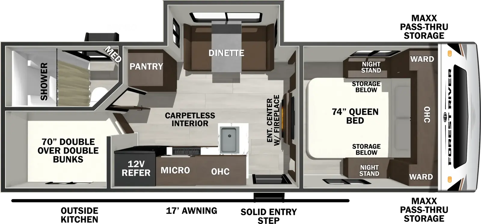 The Wildcat Travel Trailers 241DBEDS floorplan has one entry and one slide out. Exterior features include: fiberglass exterior, 17' awning and outside kitchen. Interiors features include: bunk beds and front bedroom.
